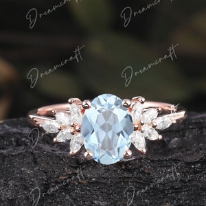 Aquamarine Engagement Ring Oval Cut Yellow Gold Ring Engagement Ring Marquise Cut Diamond Moissanite Wedding Ring Promise Ring For Her