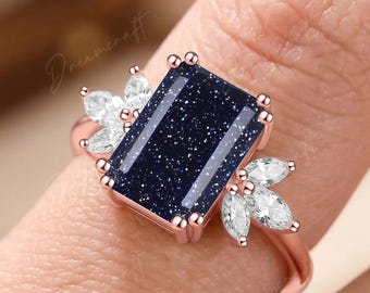 Blue Sandstone Engagement Ring 4ct Emerald Cut Vintage Rose Gold Engagement Cluster Ring Moissanite Bridal Ring Promise Ring Anniversary