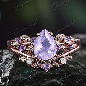 Art Deco Leaf Rose Gold Pear Lavender Amethyst Engagement Ring Sets Nature Inspired Cluster Promise Ring Gemstone Bridal Set Women Jewelry