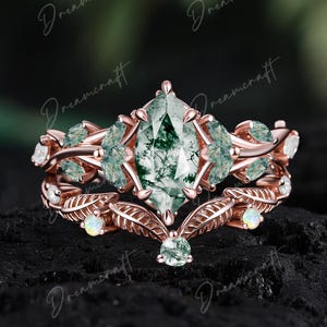 Vintage Marquise Cut Moss Achat Verlobungsring Sets Natur Inspiriert Cluster Versprechen Ring Rose Gold Art Deco Blatt Grüner Edelstein Zweig