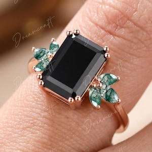 Black Onyx Engagement Ring Emerald Cut 14K Rose Gold Engagement Ring Gemstone Cluster Ring Moss Agate Bridal Ring Promise Ring For Her