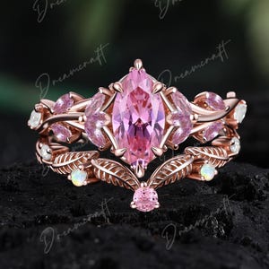 Vintage Marquise Cut Rosa Saphir Verlobungsring Sets Natur Inspiriert Cluster Versprechen Ring Rosegold Art Deco Blatt Edelstein Zweig Ring