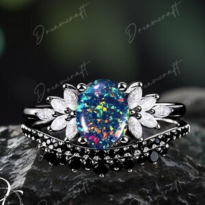 Oval Fire Black Opal Engagement Ring Sets Art Deco Black Gold Cluster Promise Ring Black Gemstone Bridal Ring Oct Birthstone Jewelry Gift
