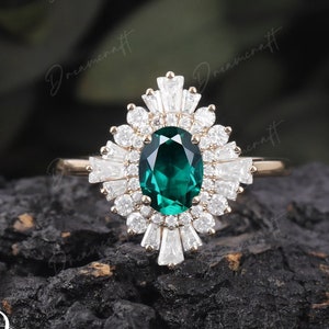 Vintage Oval emerald engagement ring yellow gold Baguette Cut Diamond halo Art deco ring Gem wedding ring Unique Anniversary Promise Ring