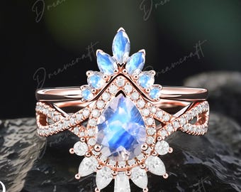 Bague de fiançailles avec pierre de lune en forme de poire Bague de fiançailles unique en or rose massif 14 carats vintage Bague de fiançailles de mariage Moissanite Bague de promesse