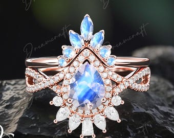 Bague de fiançailles avec pierre de lune en forme de poire Bague de fiançailles unique en or rose massif 14 carats vintage Bague de fiançailles de mariage Moissanite Bague de promesse