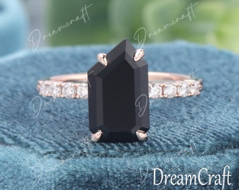 Black Onyx Engagement Ring irregular Cut Unique Engagement Ring moissanite solid gold engagement ring Vintage Bridal ring Anniversary Ring