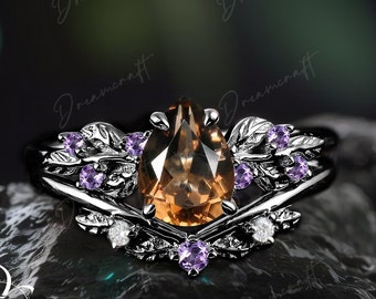 Twig Smoky Quartz Engagement Ring Black Gold Pear Shaped Brown