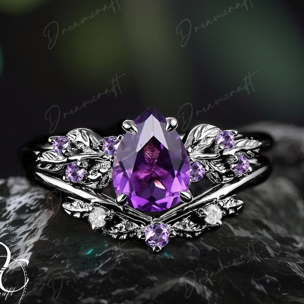 Art Deco Leaf Gothic Black Gold Pear Shaped Amethsy Engagement Ring Sets Nature Inspired Cluster Promise Ring Purple Gem Branch Bridal Set
