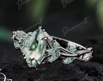 Gothic Black Gold Marquise Cut Moss Aagate Engagement Ring Nature Inspired Cluster Promise Ring  Art Deco Leaf Gemstone Branch Bridal Ring