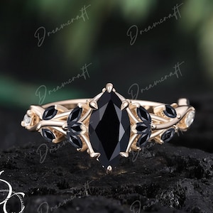 Vintage Marquise cut Black Onyx Engagement Ring Unique Promise Ring For Her Solid Gold Art Deco Leaf  Branch Nature Inspired Cluster Ring