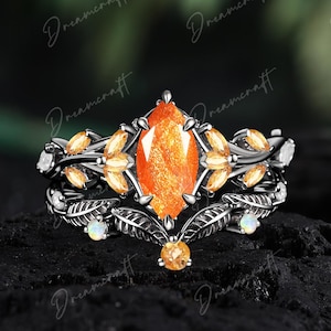 Vintage Marquise Cut Natural Sunstone Engagement Ring Sets Cluster Promise Ring Black Gold Art Deco Leaf Orange Gem Branch Ring Gift women