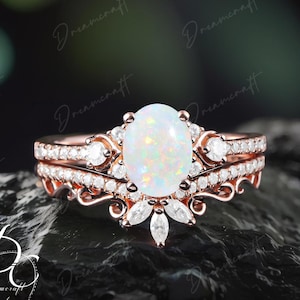 Vintage Oval Opal Verlobungsring Sets Cluster Versprechen Ring für sie Art-Deco-Ringe Rose Gold Diamant Schmuck Geschenk Jahrestag Frauen