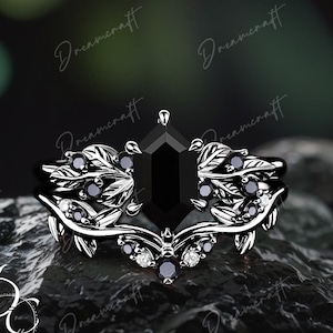 Gothic Black Gold Hexagon Black Onyx Engagement Ring Sets Art Deco Leaf Nature Inspired Cluster Promise Ring Gemstone Bridal Ring Jewelry