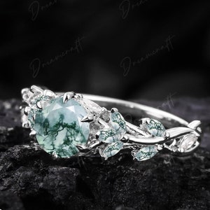 Art Deco Leaf White Gold  Moss Agate Engagement Ring  Nature Inspired Cluster Promise Ring Green Gemstone Branch Bridal Ring Jewelry