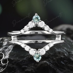 Vintage Enhancer Diamond Moss Agate Wedding Band Double Wedding Matching Band White Gold Curved  Stacking Wedding Anniversary  Promise Ring