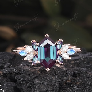 Long Hexagon Cut Alexandrite engagement ring vintage gemstone ring unique Cluster Ring Rose gold  June Birthstone wedding ring Bridal Ring