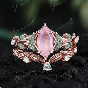 Vintage Marquse Cut Rose Quartz Engagement Ring Sets Nature Inspired Cluster Promise Ring Rose Gold Art Deco Leaf Pink Gemstone Branch Ring