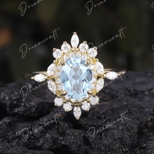 Vintage Aquamarine Engagement Ring Oval Cut Yellow Gold Ring Engagement Ring Marquise Diamond Moissanite Wedding Ring Promise Ring For Her