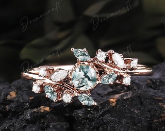 Vintage moss agate engagement ring rose gold leaf Nature inspired branches Twig marquise gemstone green wedding women anniversary ring gift