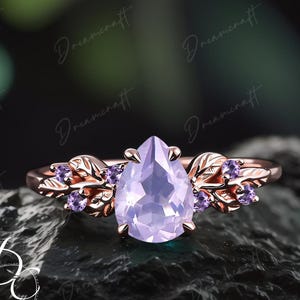 Art Deco Leaf Rose Gold Pear Lavender Amethyst Engagement Ring Nature Inspired Cluster Promise Ring Gemstone Bridal Ring Women Jewelry