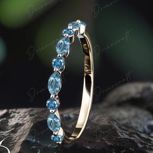 Unique marquise cut London Blue topaz  wedding band Solid 14K 18K Gold Promise Ring band Vintage half eternity Bridal Matching Stacking band