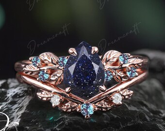 Art Deco Leaf Rose Gold Pear Blue Sandstone Engagement Ring Sets Nature Inspired Cluster Promise Ring  Gemstone Branch Bridal Set Jewelry