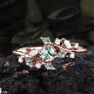 Vintage moss agate engagement ring rose gold leaf Nature inspired branches Twig marquise gemstone green wedding women anniversary ring gift