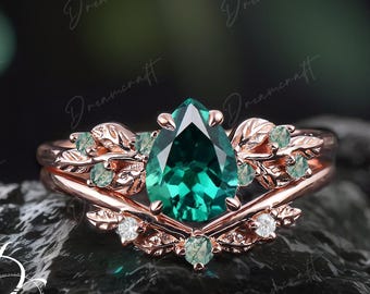 Art Deco Leaf  Rose Gold Pear Emerald Engagement Ring Sets Nature Inspired Cluster Promise Ring Green Gemstone Branch Bridal Set Jewelry