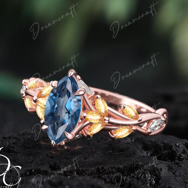 Vintage Marquise Cut London Blue Topaz Engagement Ring Unique Cluster Promise Ring For Her  Gold Art Deco Leaf Gemstone Branch Women Ring