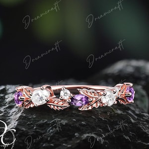 Leaf Amethyst Moissanite wedding ring Rose gold wedding band half eternity marquise gemstone matching stacking band Anniversary gifts