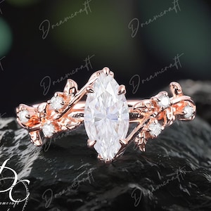 Vintage Marquise Cut Moissanite Verlobungsring Versprechen Ring für sie Gold Art Deco Einzigartige Blatt Diamant Zweig Natur Inspiriert Cluster Ring