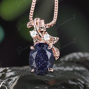 Oval  Blue Sandstone necklace rose gold unique Jewelry Pendant women Leaf Nature Inspired Personalized Necklace Gift anniversary wife Gift