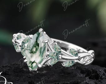 Vintage Marquise Cut Mos Agaat Verlovingsring Sets Blad Platina Witgoud Natuur Geïnspireerd Cluster Belofte Ring Art Deco Tak Ring Cadeau