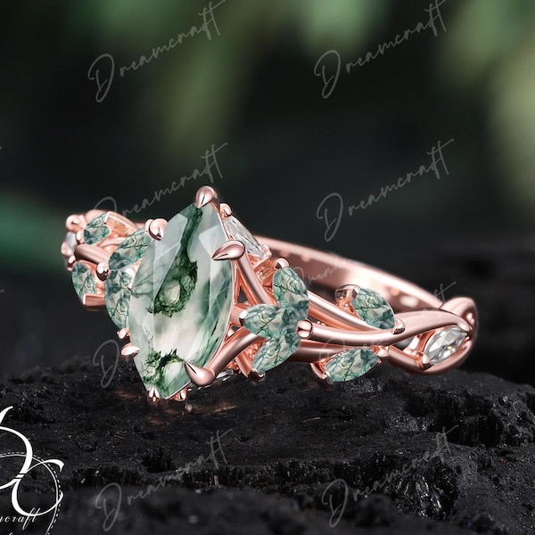 Anel de Noivado Vintage em Ágata Musgosa Marquise, Anel de Promessa Único para Ela, Ouro Rosé, Estilo Art Déco, Folha, Gema, Galho, Anel Inspirado na Natureza