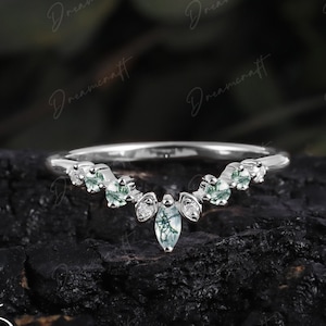 Curved Moss Agate Wedding band 14K White gold women moissanite wedding band  Solid 14K gold Unique Stacking Matching Promise Ring for her