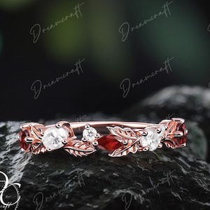 Leaf Garnet Moissanite wedding ring Rose gold wedding band half eternity marquise Red gemstone matching stacking band Anniversary gifts
