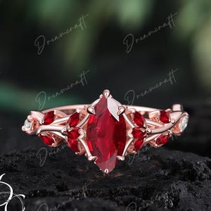 Vintage Marquise Cut Ruby Engagement Ring Promise Ring  Gold Art Deco Leaf Gemstone Branch Nature Inspired July Birthstone Cluster Ring