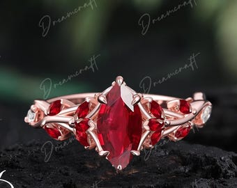 Vintage Marquise Cut Ruby Engagement Ring Promise Ring  Gold Art Deco Leaf Gemstone Branch Nature Inspired July Birthstone Cluster Ring