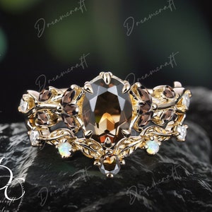 Vintage Oval Cut Smoky quartz Engagement Ring Sets Solid Gold  Nature Inspired Cluster Promise Ring Art Deco Leaf Brown Gemstone Branch Ring