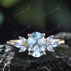 Oval Aquamarin Verlobungsring Gelbgold Ring Verlobungsring Blauer Edelstein Ehering Versprechen Ring für Sie Handgemachter Ring
