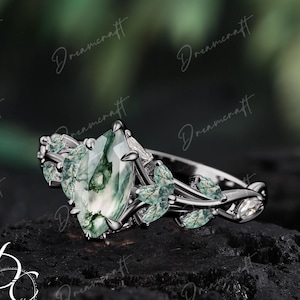 Gothic Black Gold Marquise Cut Moss Aagate Engagement Ring Nature Inspired Cluster Promise Ring  Art Deco Leaf Gemstone Branch Bridal Ring