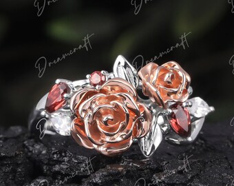 Natural Garnet  Rose Flower Engagement Ring 925 Sterling Silver 14K Gold Romantic Wedding Ring Promise Ring For Women