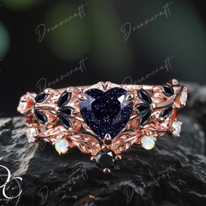 Vintage Heart Blue Sandstone Engagement Ring Set Nature Inspired Cluster Promise Ring Rose Gold Art Deco Leaf Gem Branch Women Gift
