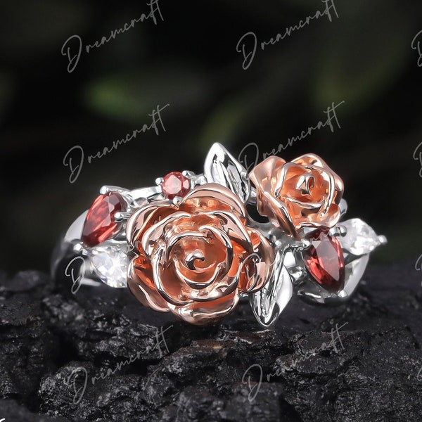 Natural Garnet  Rose Flower Engagement Ring 925 Sterling Silver 14K Gold Romantic Wedding Ring Promise Ring For Women