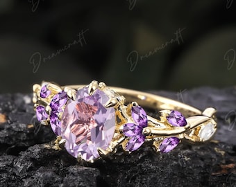 Vintage Oval Lavender Amethyst Engagement Ring Unique Cluster Promise Ring For Her  Gold Art Deco Leaf  Gemstone Branch Nature Inspired Ring