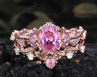 Vintage Oval Cut Pink Sapphire Engagement Ring Sets Nature Inspired Cluster Promise Ring Rose Gold Art Deco Leaf  Pink Gemstone Branch Ring