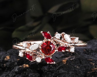 Vintage ruby engagement ring rose gold leaf Nature inspired branches Twig marquise red gemstone promise ring women anniversary  gift
