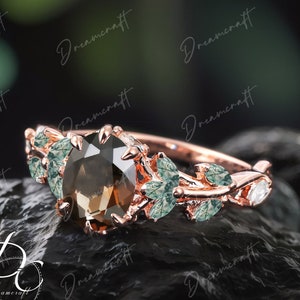 Vintage Oval Cut Smoky quartz Engagement Ring  Nature Inspired Cluster Promise Ring  Rose Gold Art Deco Leaf Brown Gemstone Branch Ring