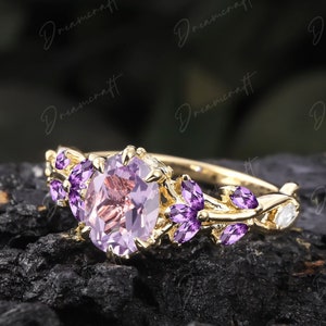 Vintage Oval Lavender Amethyst Engagement Ring Unique Cluster Promise Ring For Her  Gold Art Deco Leaf  Gemstone Branch Nature Inspired Ring